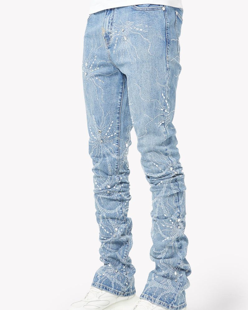 Light blue distressed jeans worn by a person on a white background