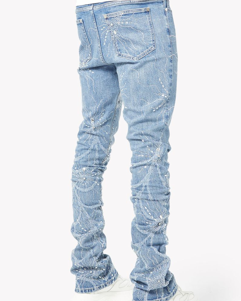 Light blue distressed jeans worn by a person on a white background