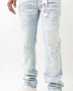 Light blue distressed jeans worn by a person on a white background