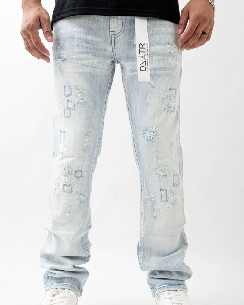 Light blue jeans with a brand logo on a white background