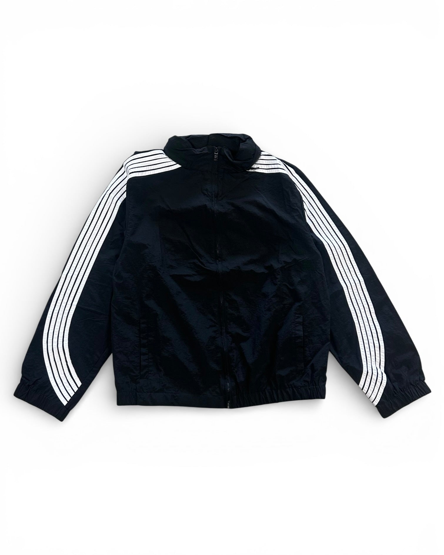 Black jacket with white stripes on sleeves against a white background