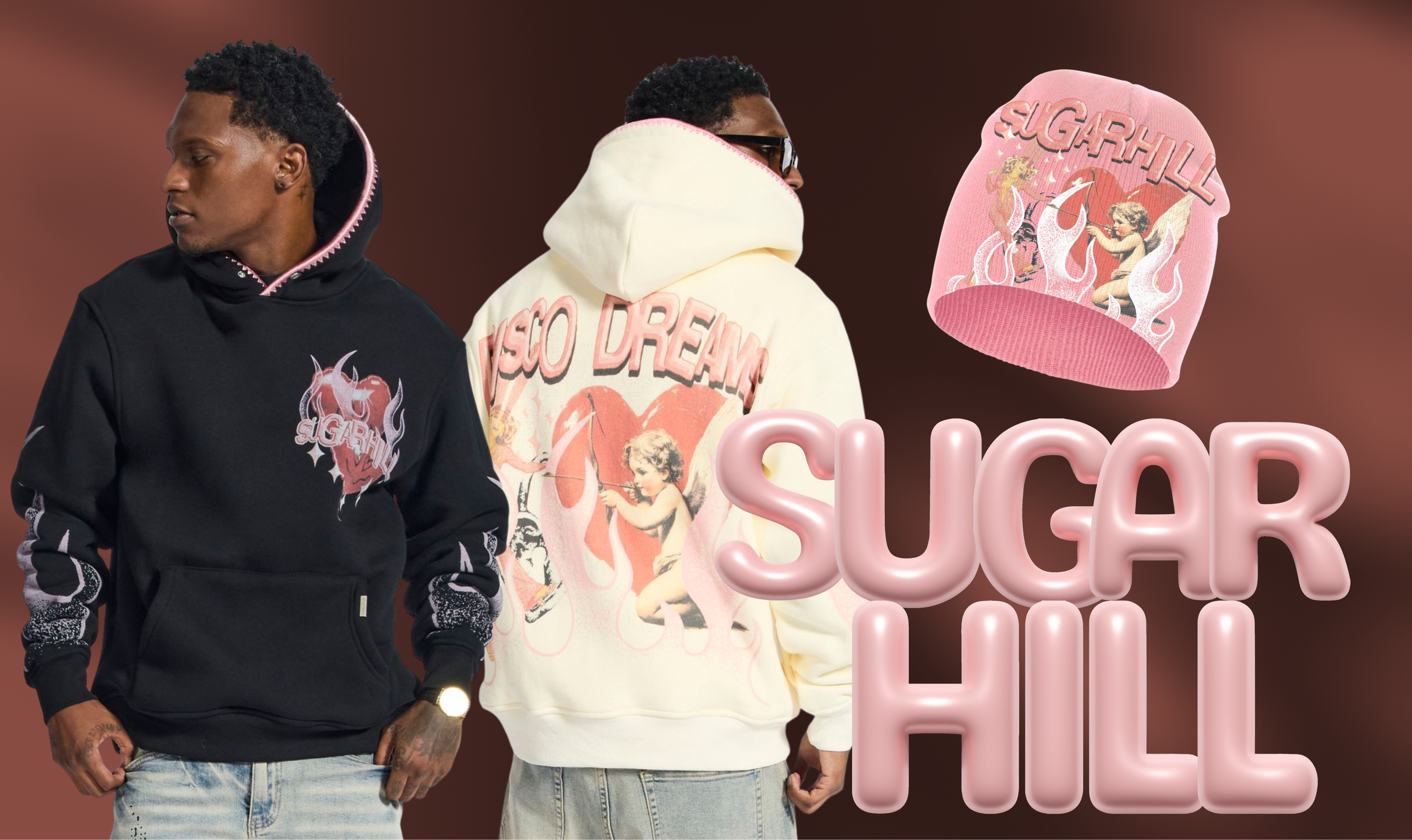 Two people wearing hoodies with 'Sugar Hill' branding and a pink cap on a brown background.