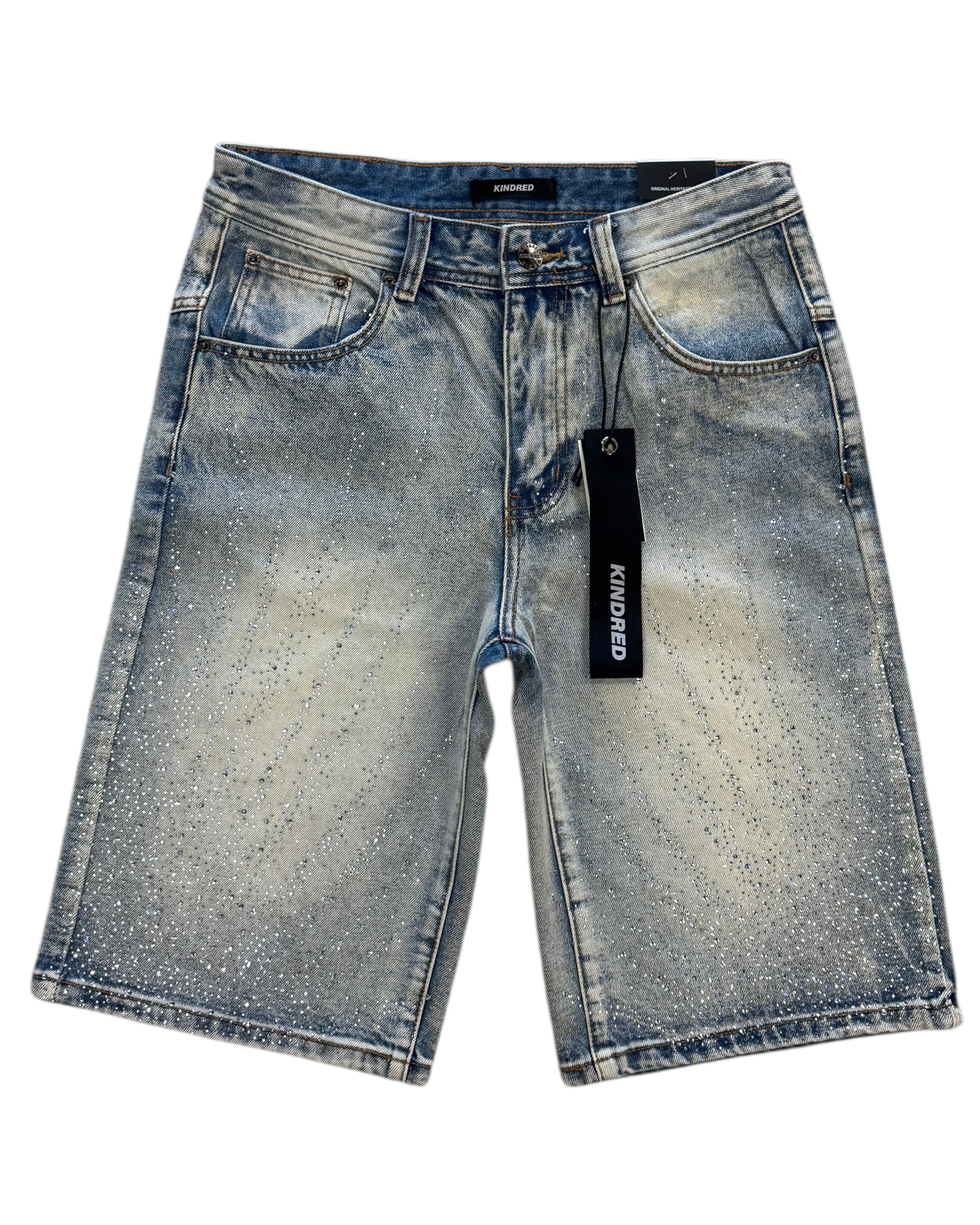Blue denim shorts with a brand tag on a white background