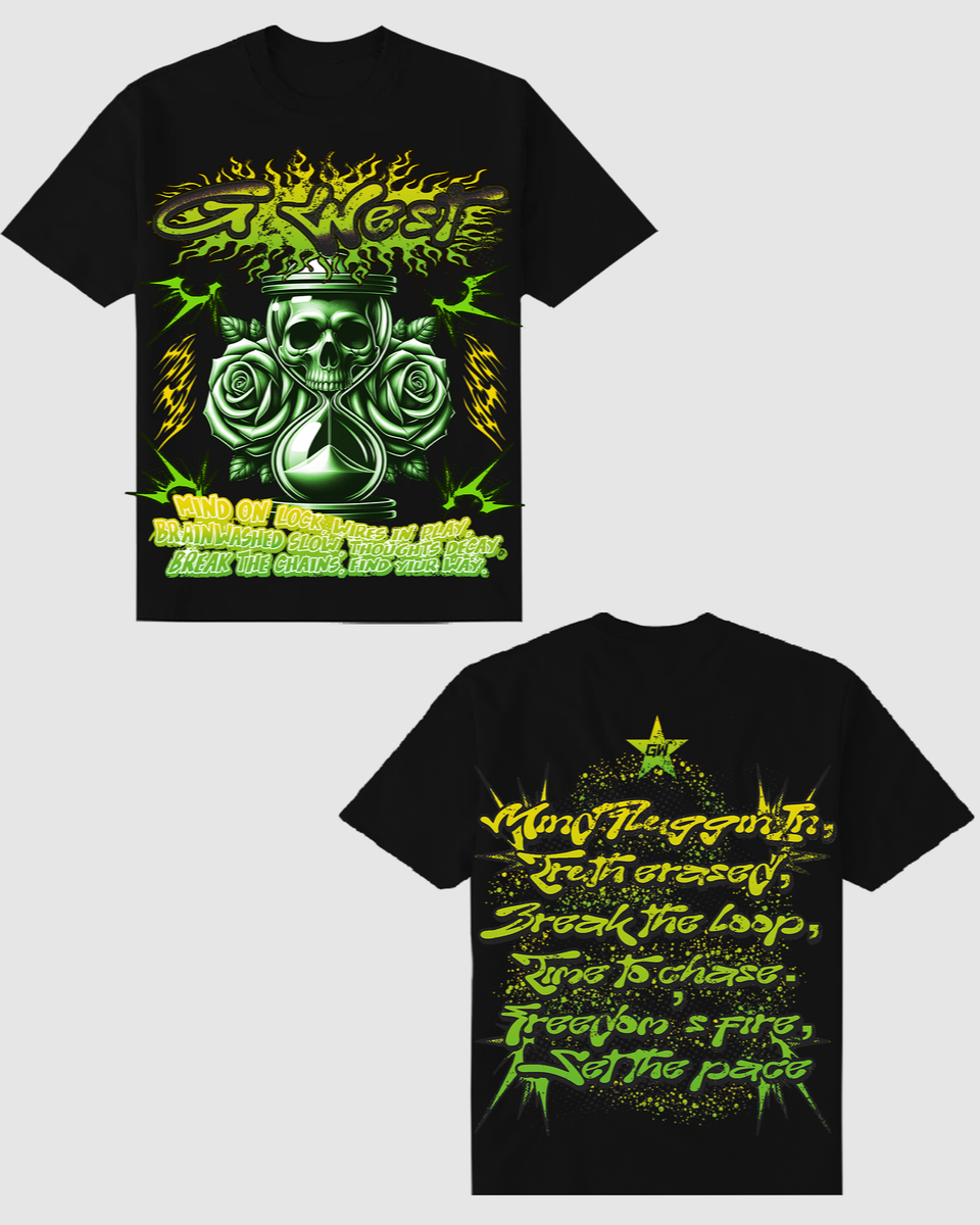front and back view Black t-shirt with green and yellow graphic design on a white background