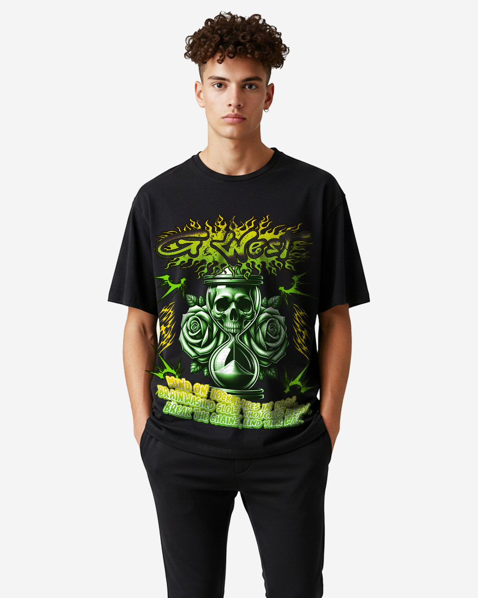 Person wearing a black t-shirt, front shown, with a green graphic design on a white background
