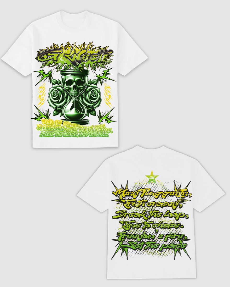 front and back view of White t-shirt with green and black graphic design on a white background