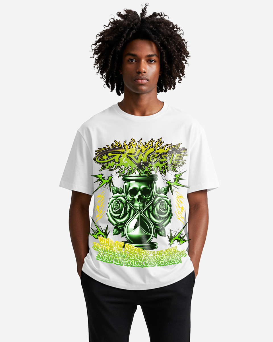 Person wearing a white t-shirt, front view, with a green and black graphic design on a white background