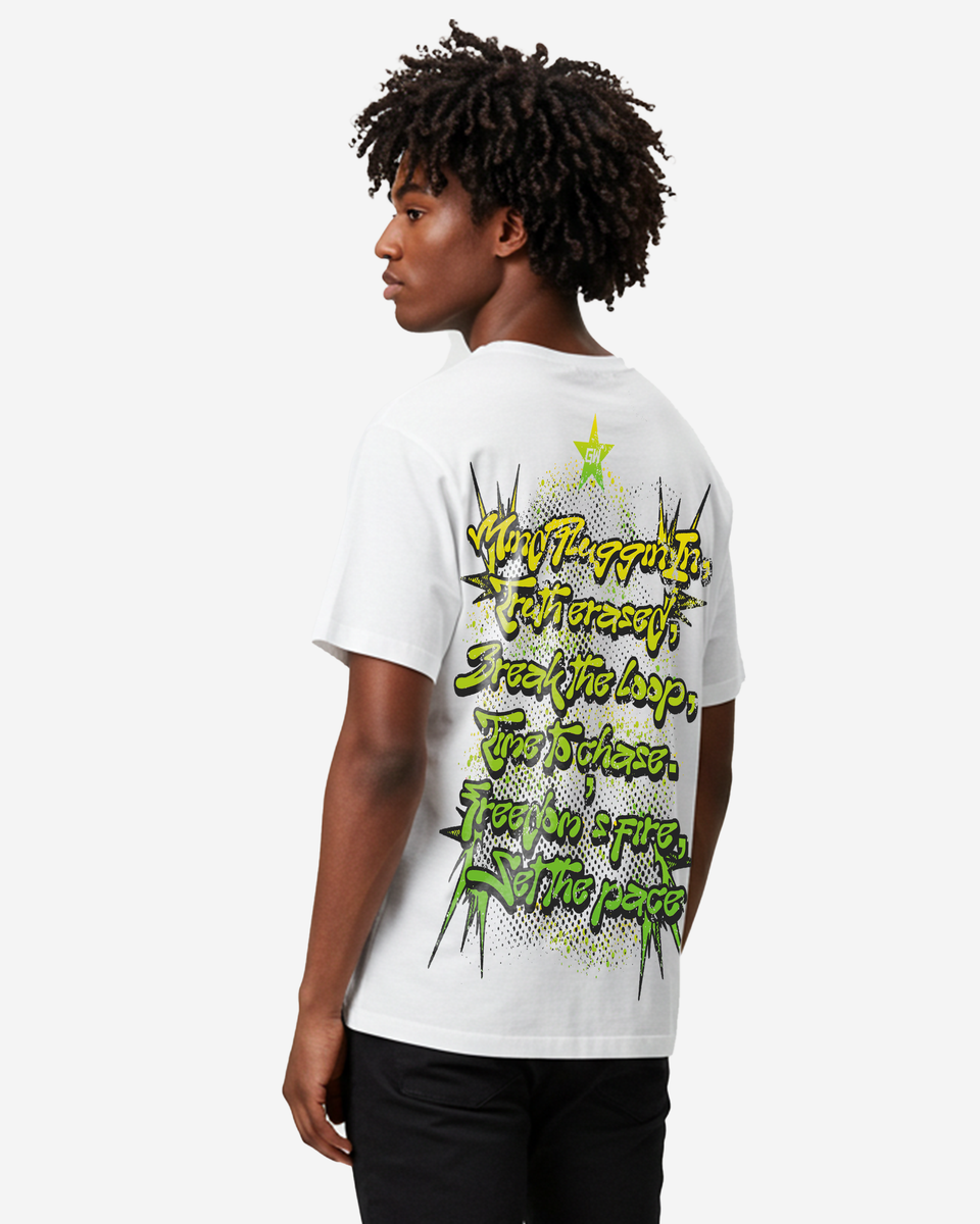Person wearing a white t-shirt, 3/4th back view, with green and black graphics and text on a white background