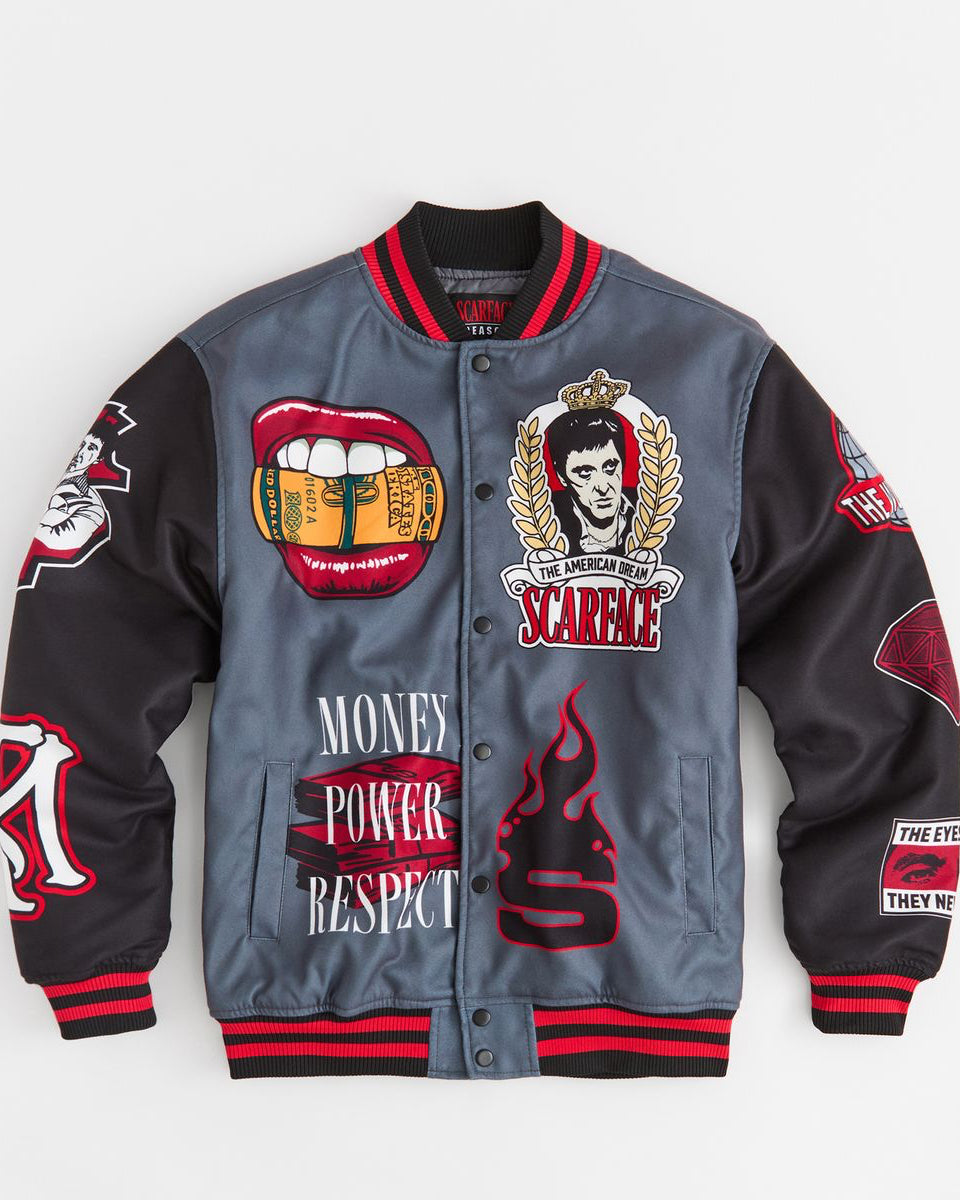 Gray and black varsity jacket with colorful graphics and text on a white background