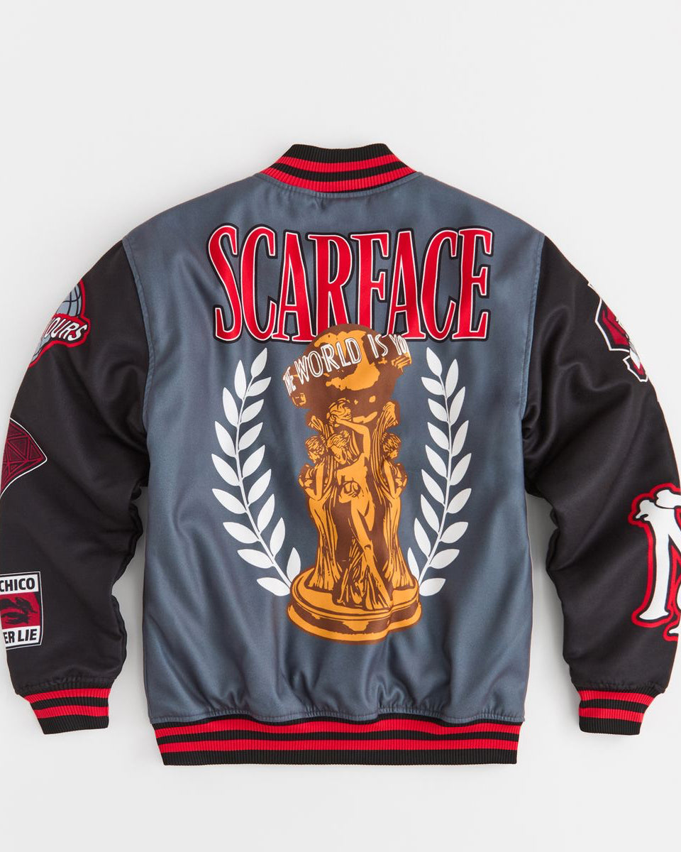 Scarface jacket with logo and text on a white background