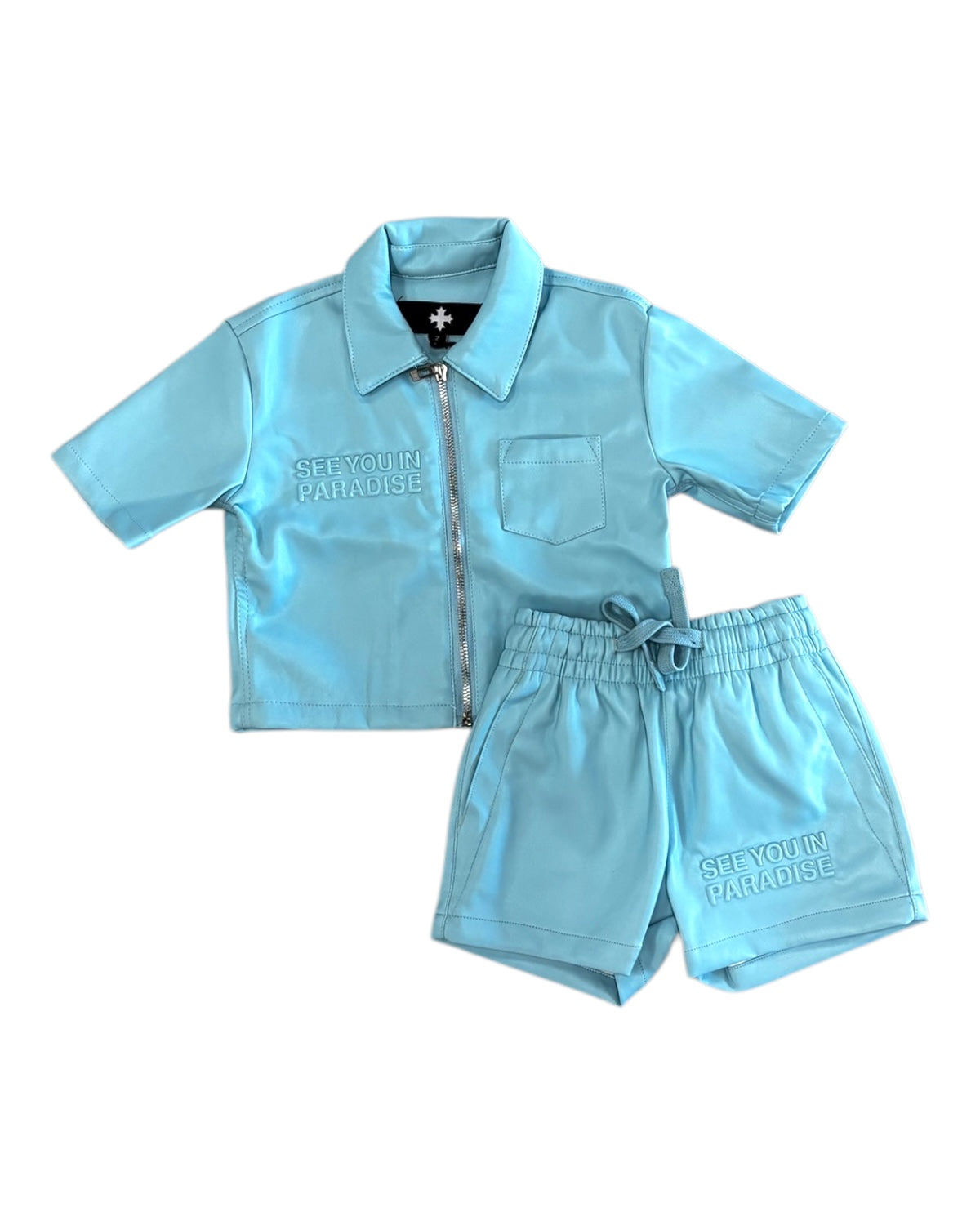Jordan Craig toddlers see you in paradise PU leather short set in sky blue