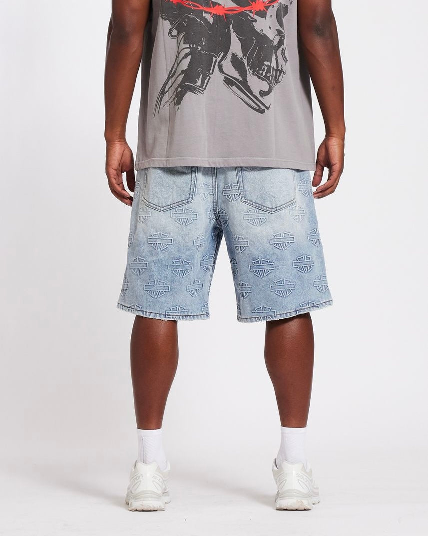 Memory lane M Shield Debossed Pattern Shorts in light blue