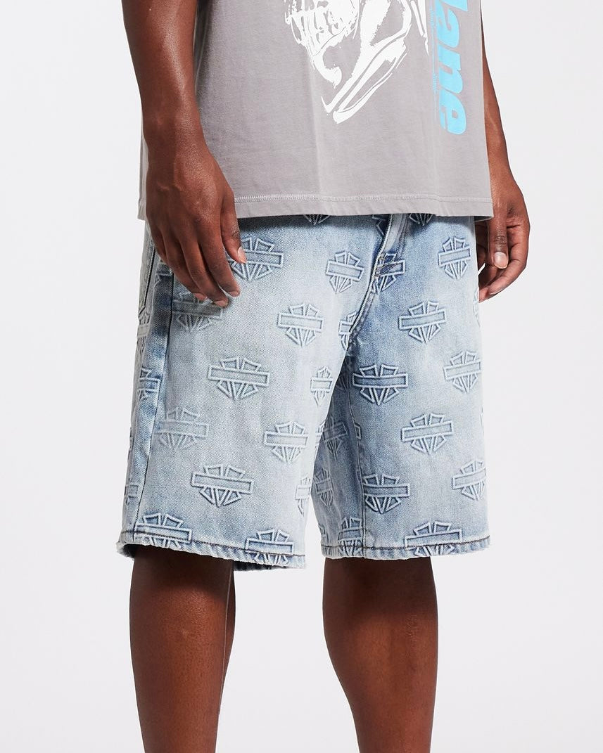 Memory lane M Shield Debossed Pattern Shorts in light blue