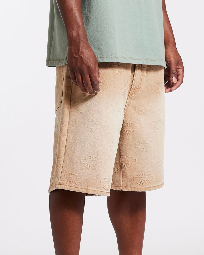 Memory lane M Shield Debossed Pattern Shorts in Khaki