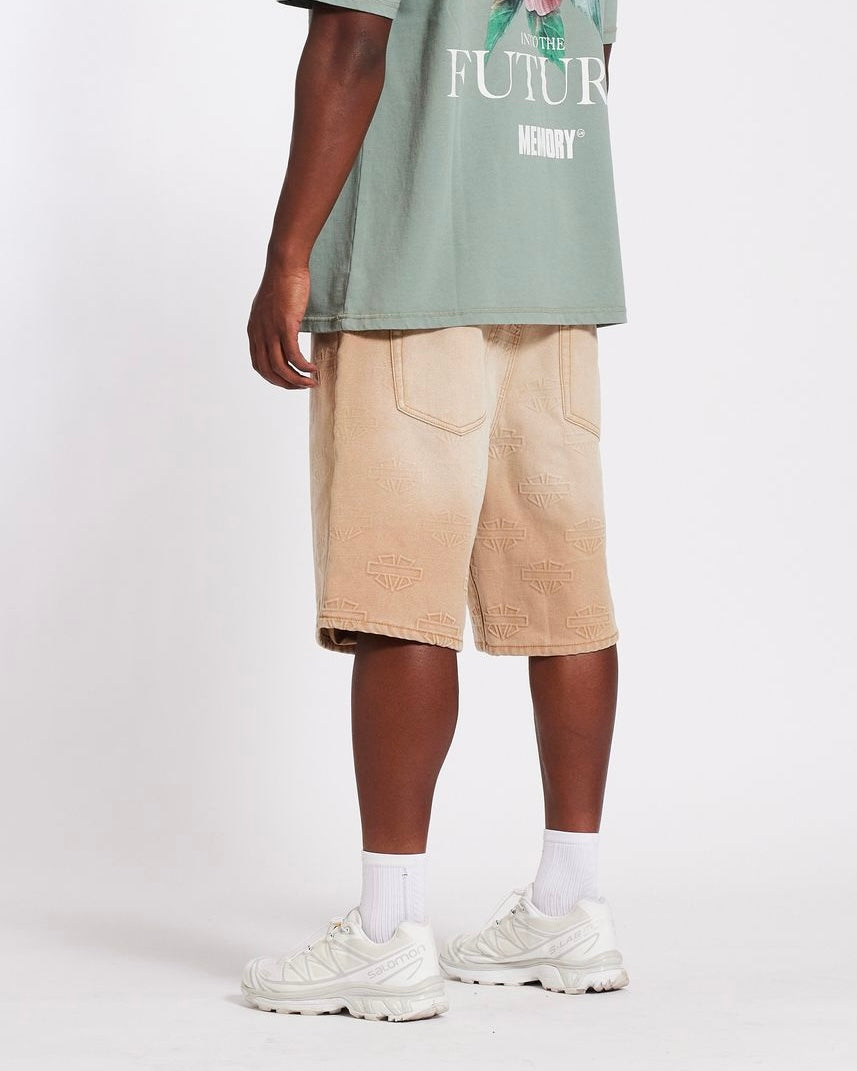 Memory lane M Shield Debossed Pattern Shorts in khaki