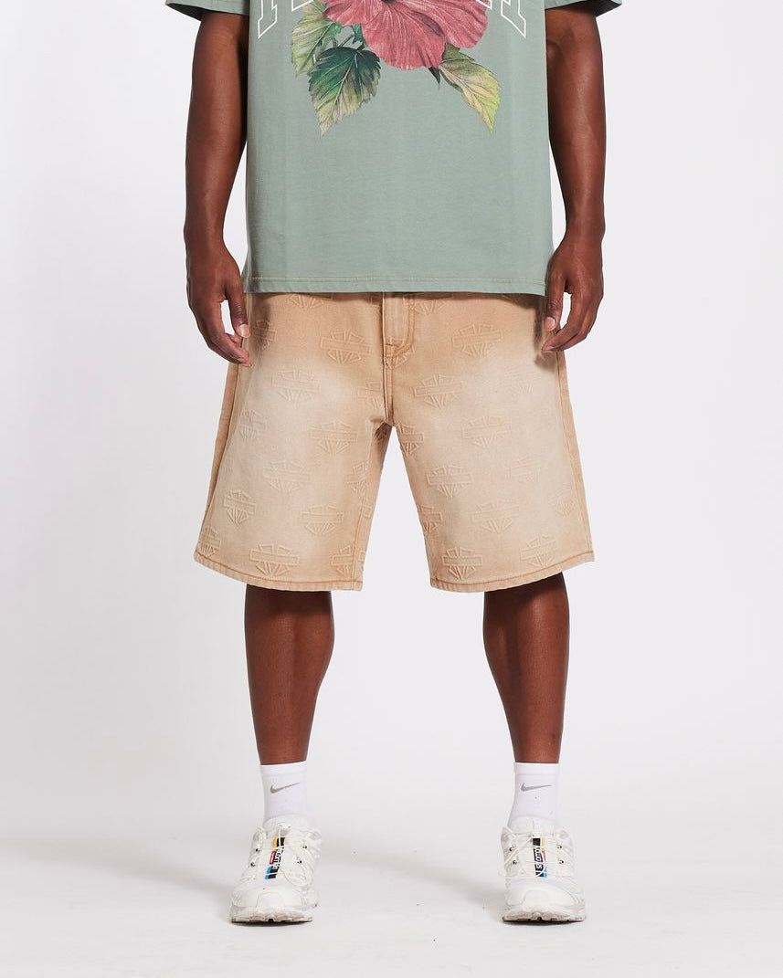 Memory lane M Shield Debossed Pattern Shorts in Khaki