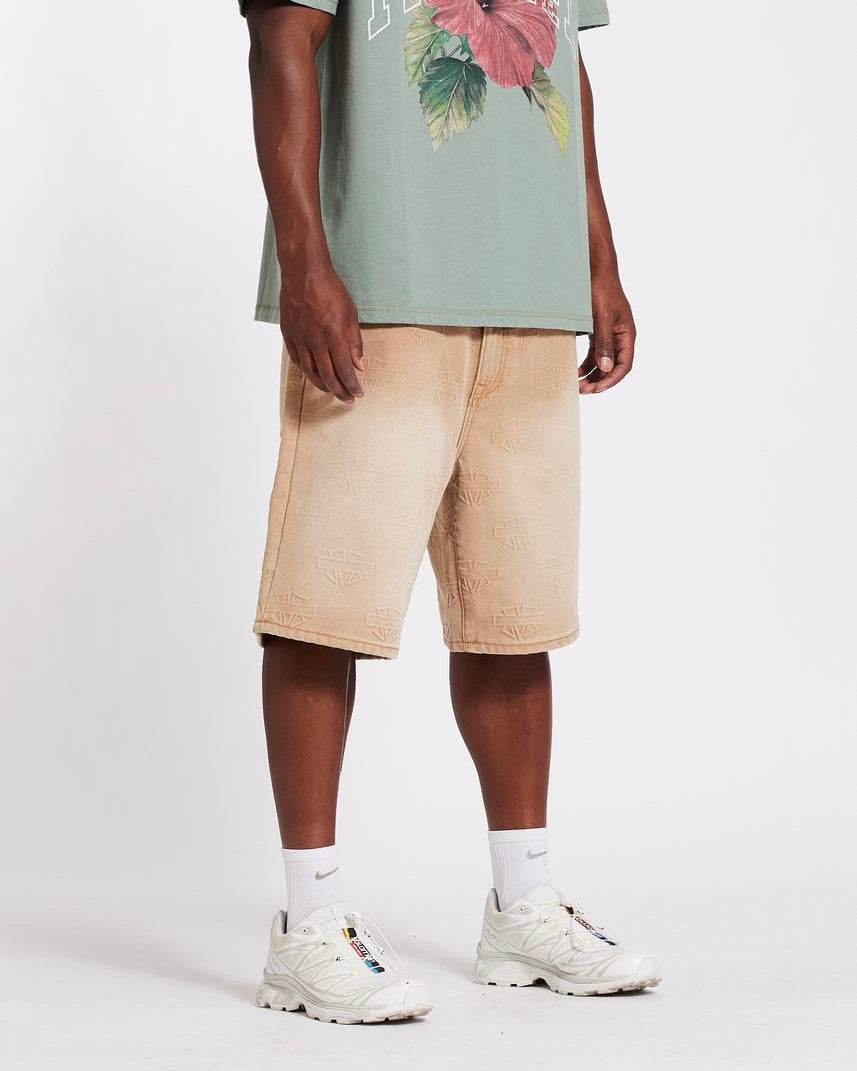Memory lane M Shield Debossed Pattern Shorts in Khaki