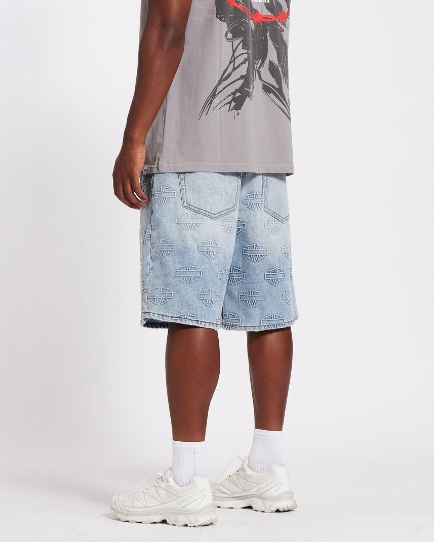 Memory lane M Shield Debossed Pattern Shorts in light blue