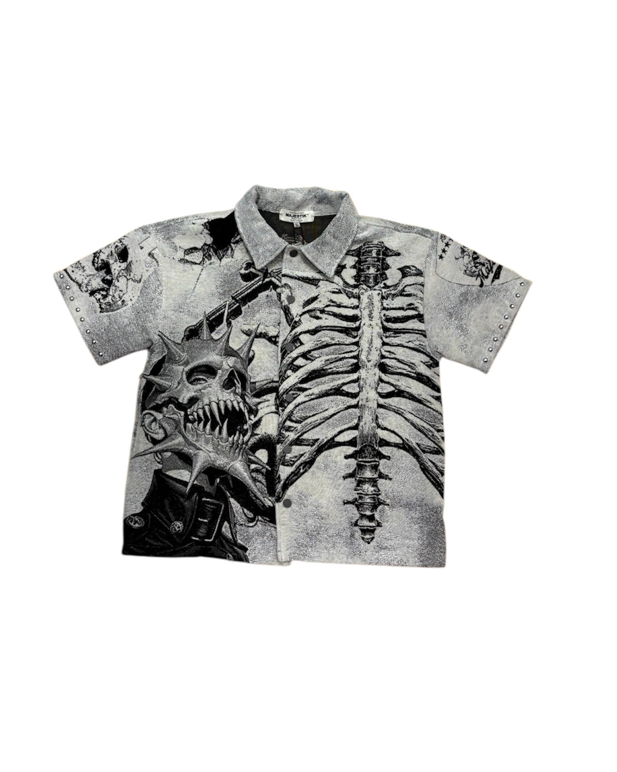 Skull & Bone Tapestry Rhinestone Shirt in Light Gray Color