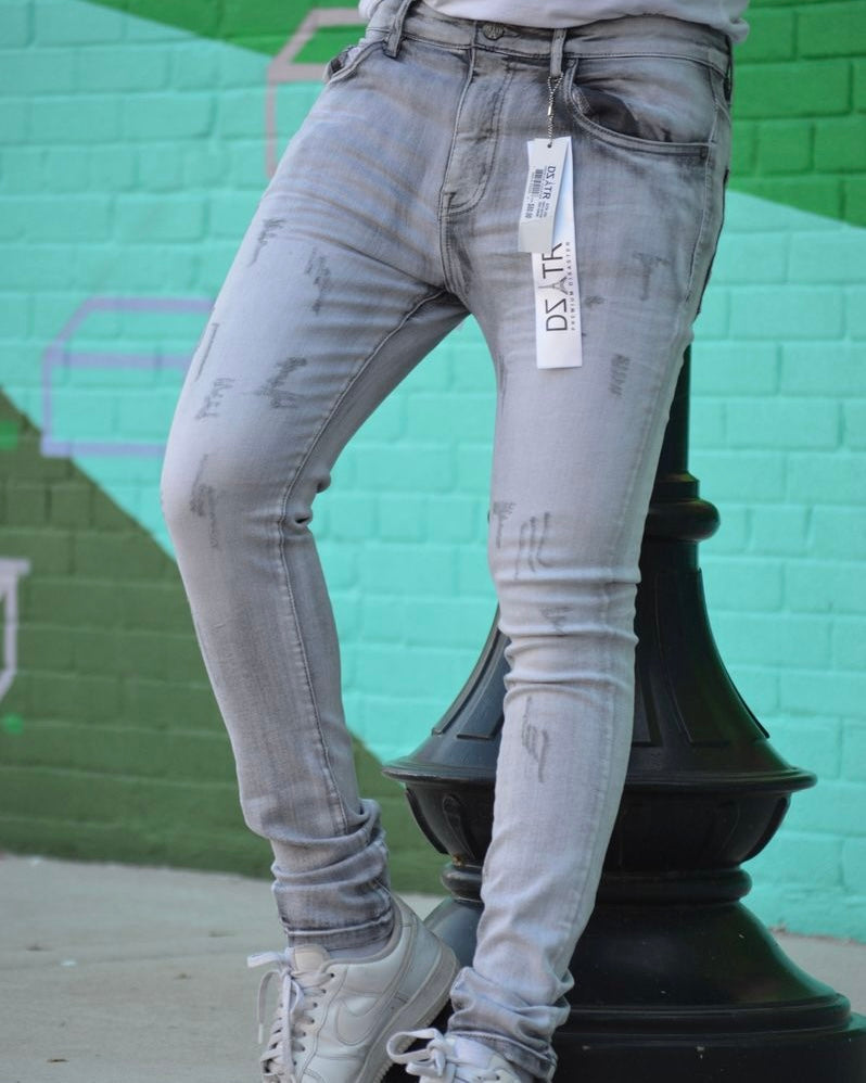 Dzstar Stitched Rip Super Stretch Jeans In gray color