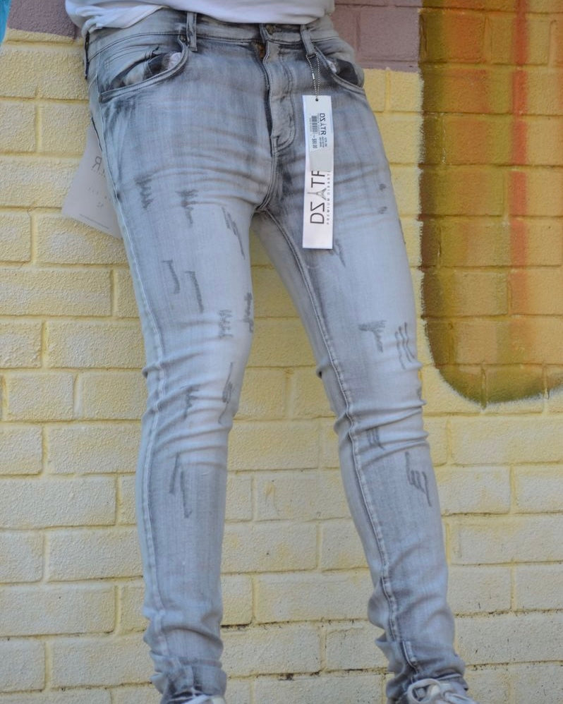 Dzstar Stitched Rip Super Stretch Jeans In grey color