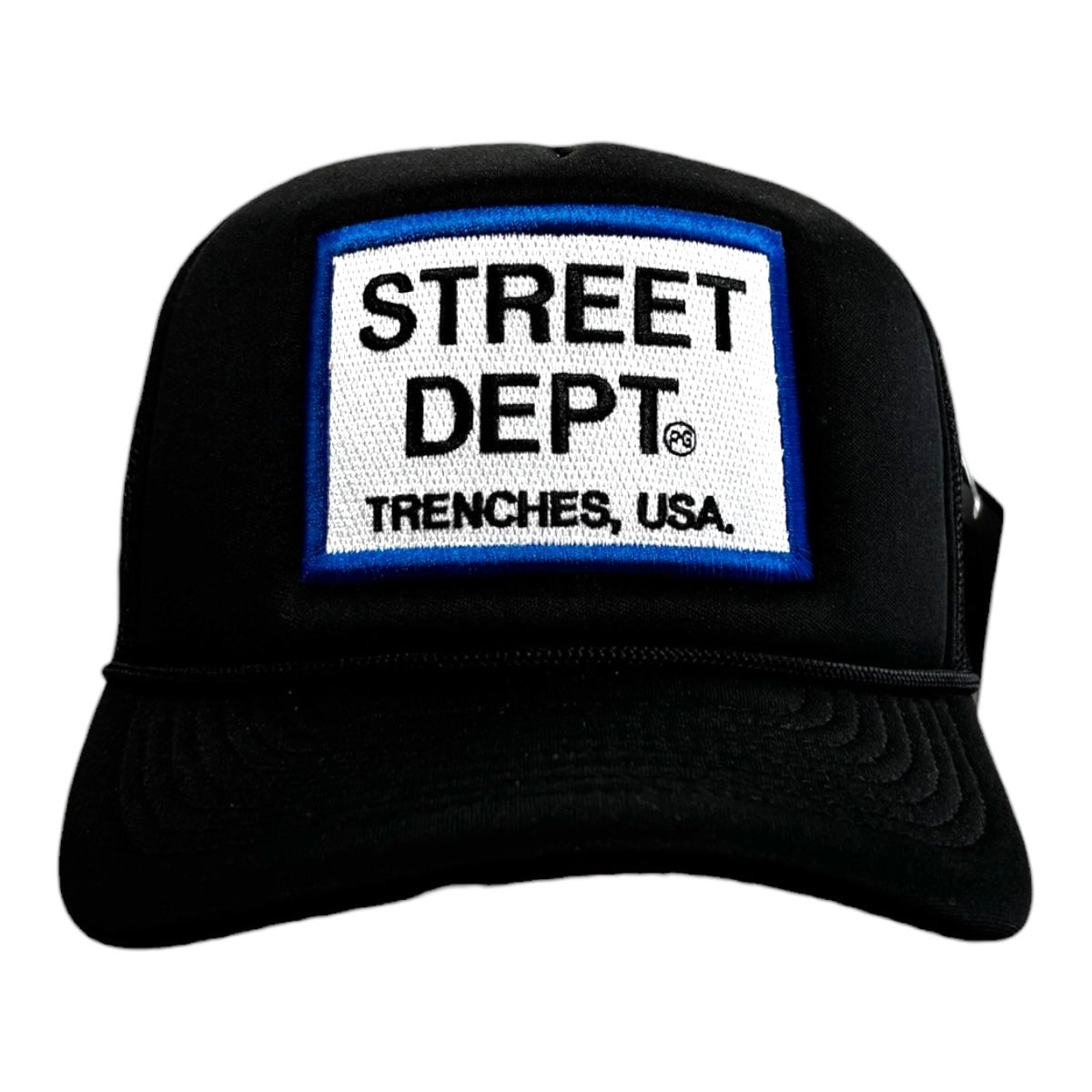 Planet of the grapes street dept trucker hat in black and blue
