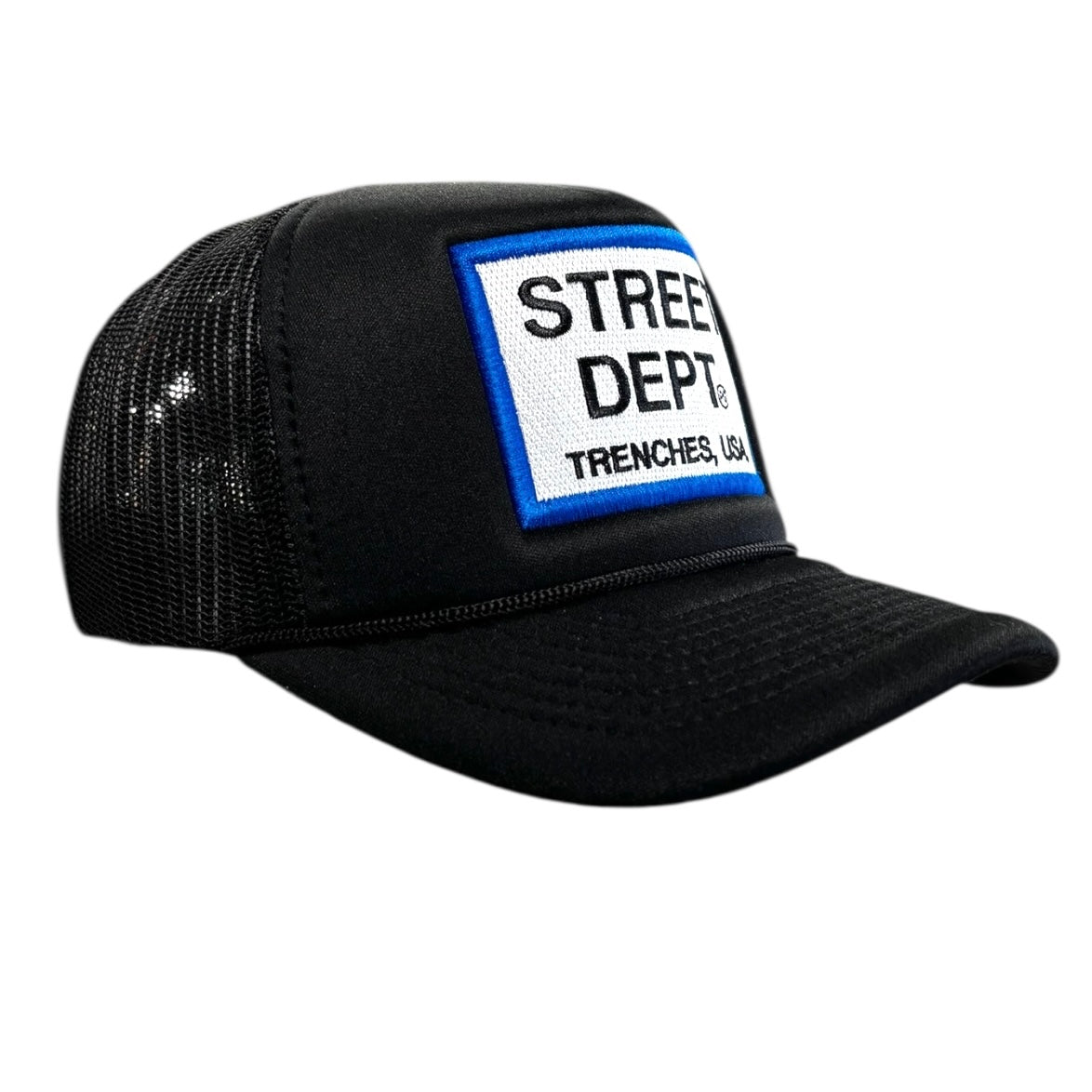 Planet of the grapes street dept trucker hat in black and blue