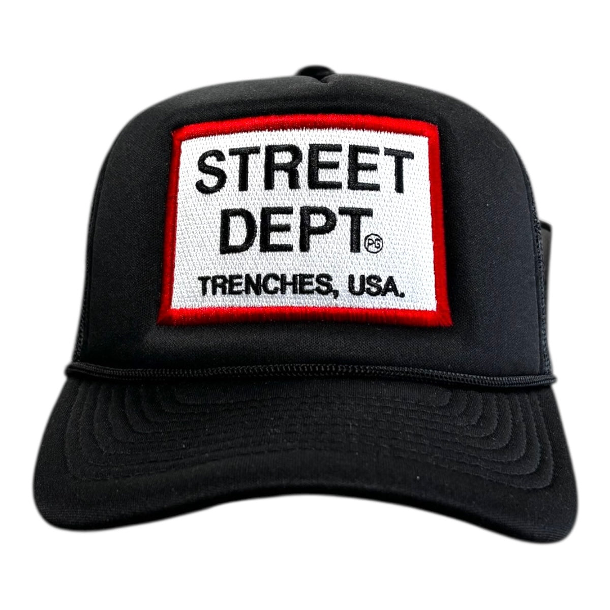 Planet of the grapes street dept trucker hat in black and red