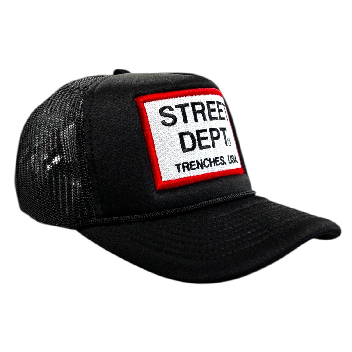 Planet of the grapes street dept trucker hat in black and red