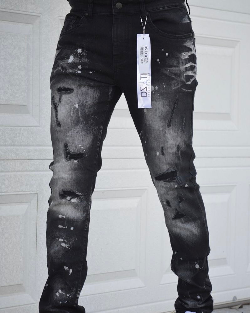 Super Stretch Paint Drip Jeans In Black Color