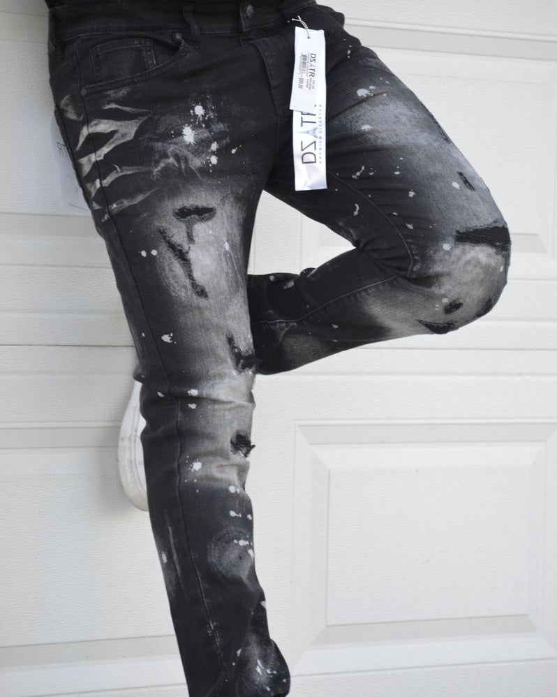 Super Stretch Paint Drip Jeans In Black Color