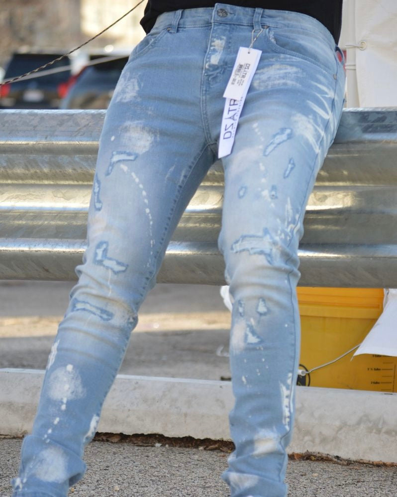 Super Stretch Paint Drip Jeans In Blue Color