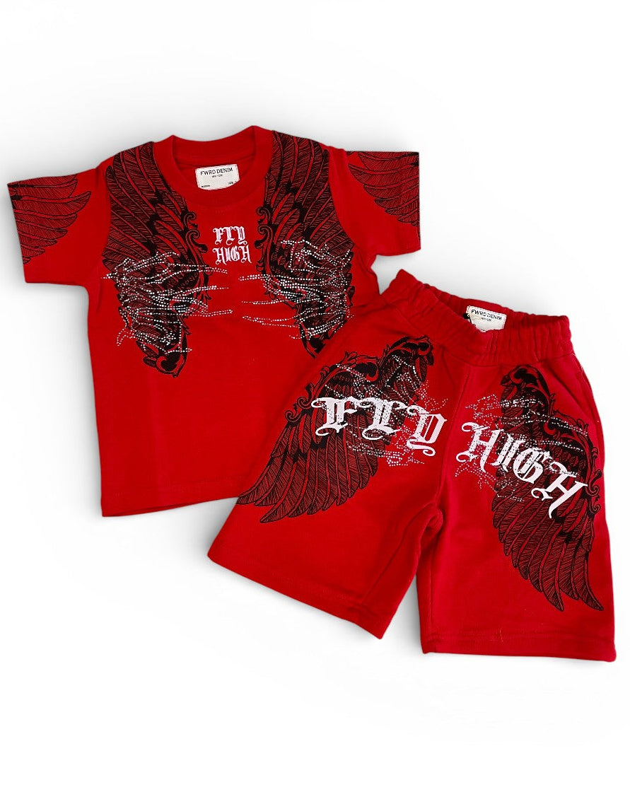 Red t-shirt and shorts set with graphic designs on a white background