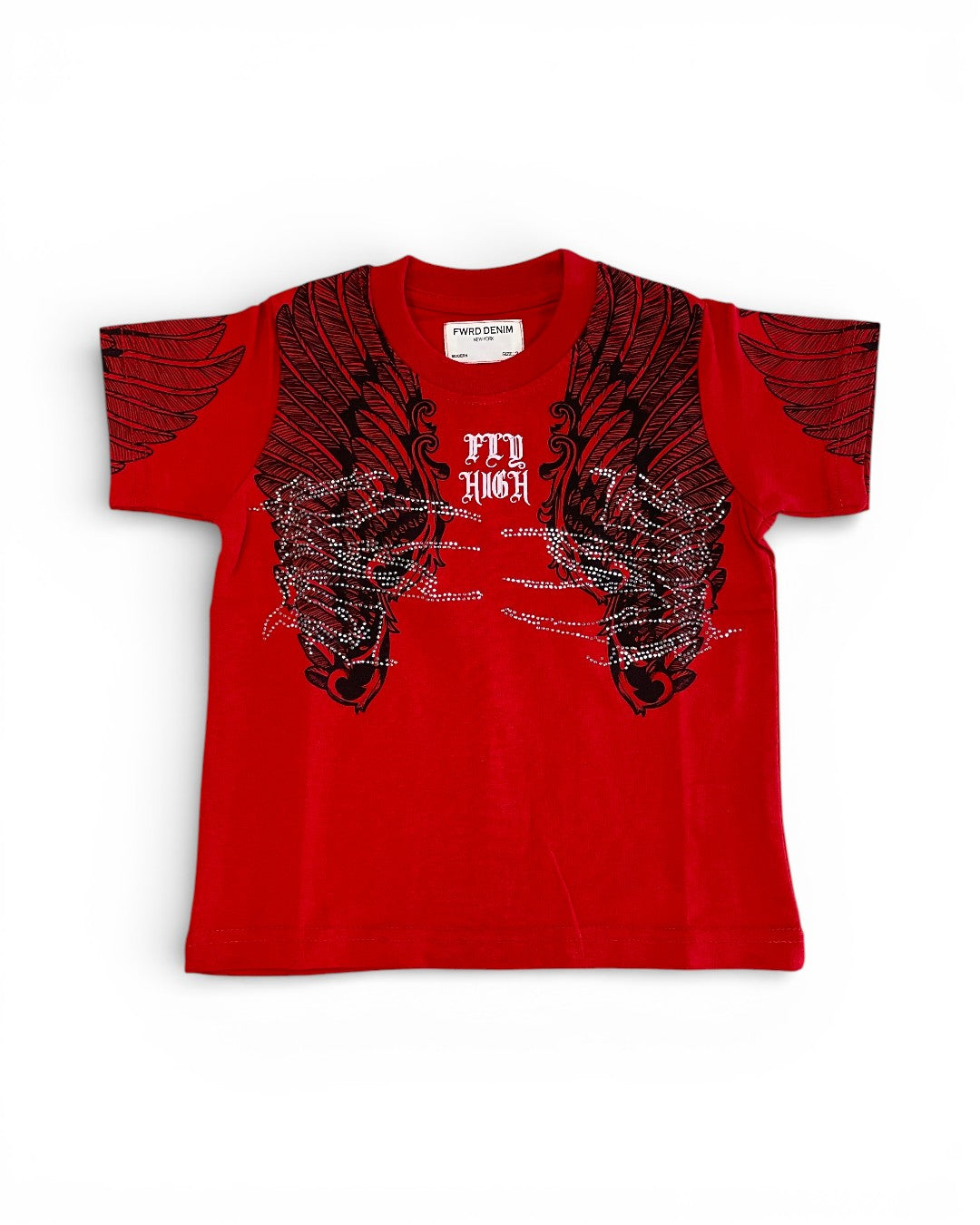 Red t-shirt with black wing design on a white background