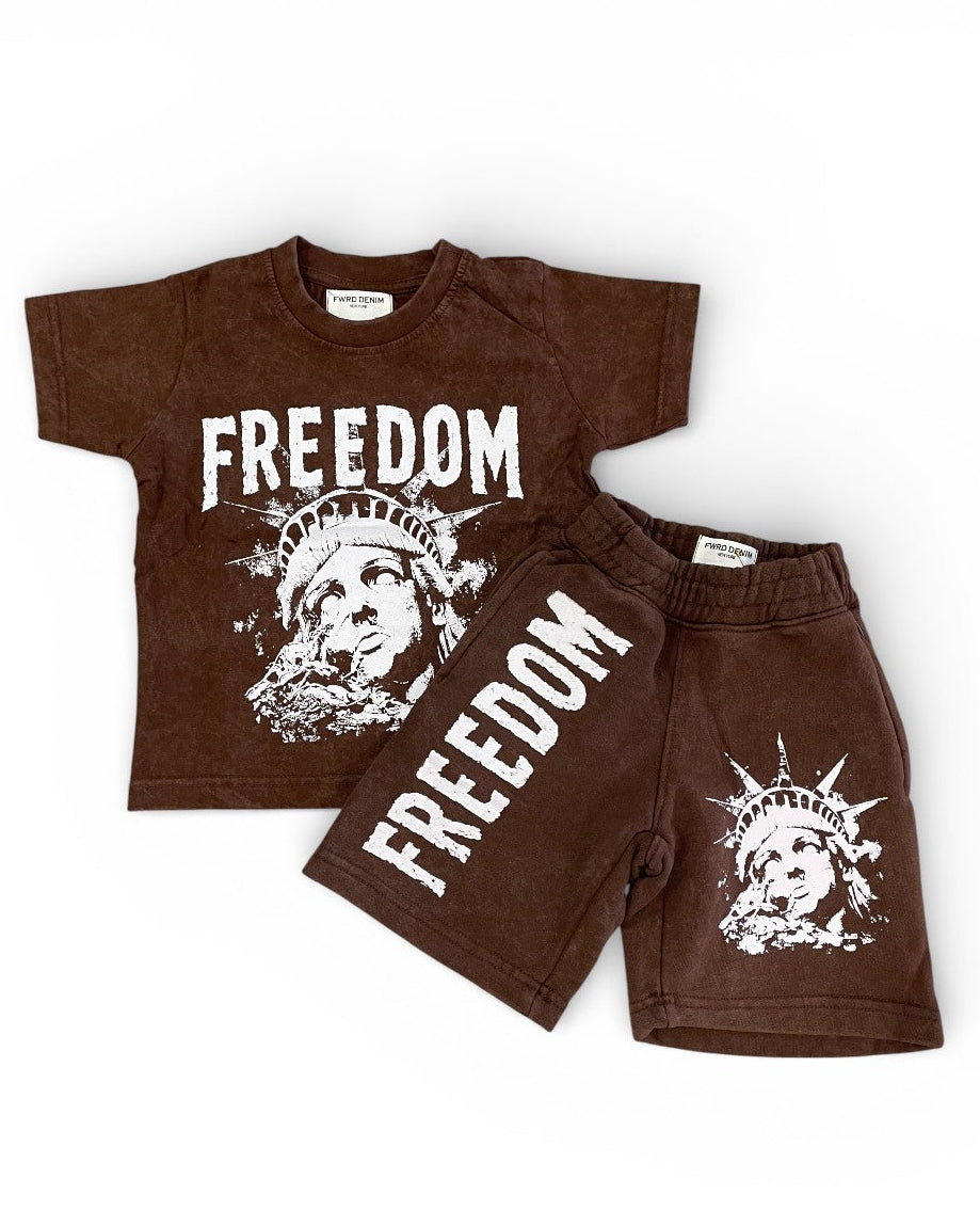 Brown children's t-shirt and shorts set with 'Freedom' text and graphic design on a white background