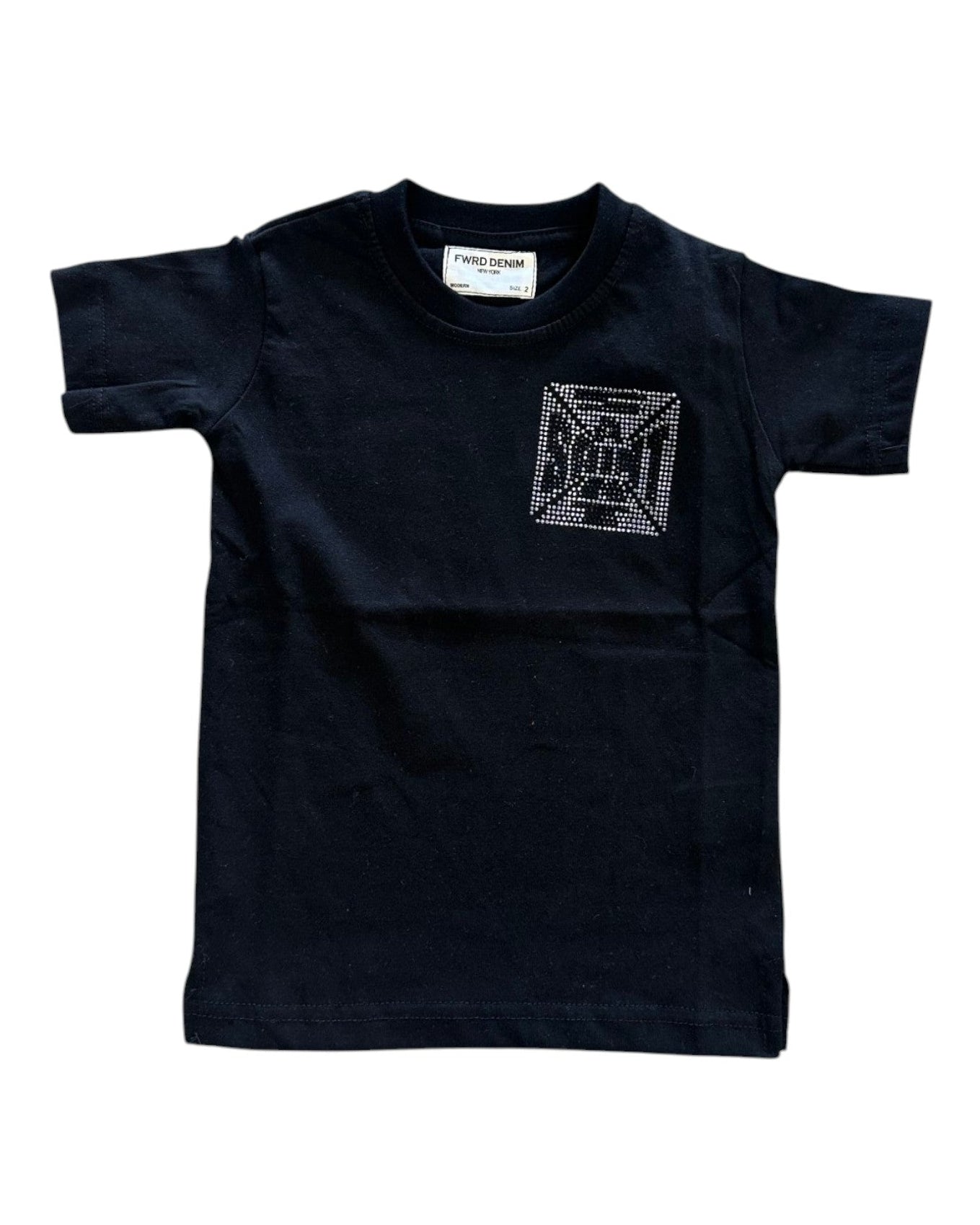 Black t-shirt with a logo on the chest against a white background