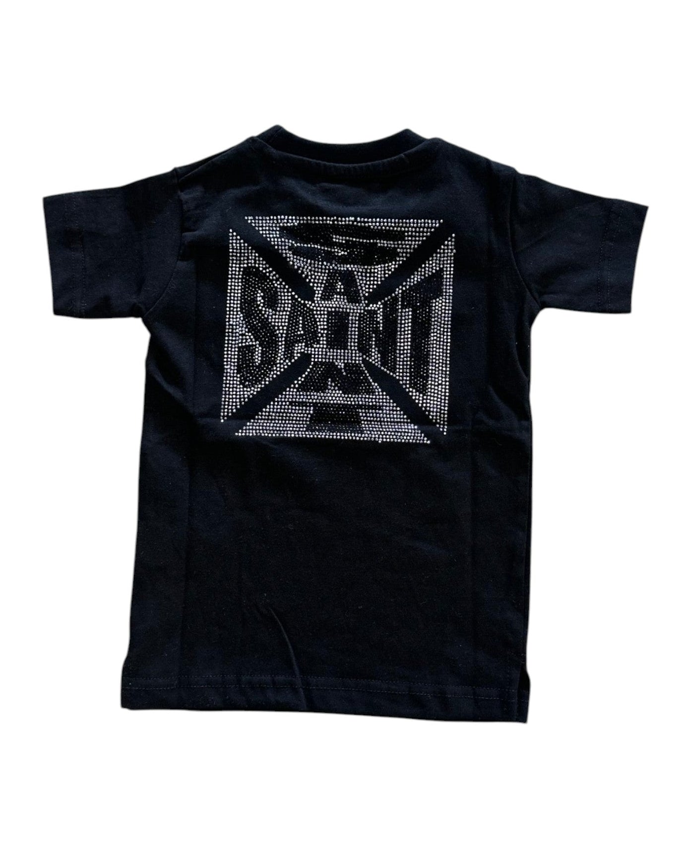 Black t-shirt with a logo on the back against a white background