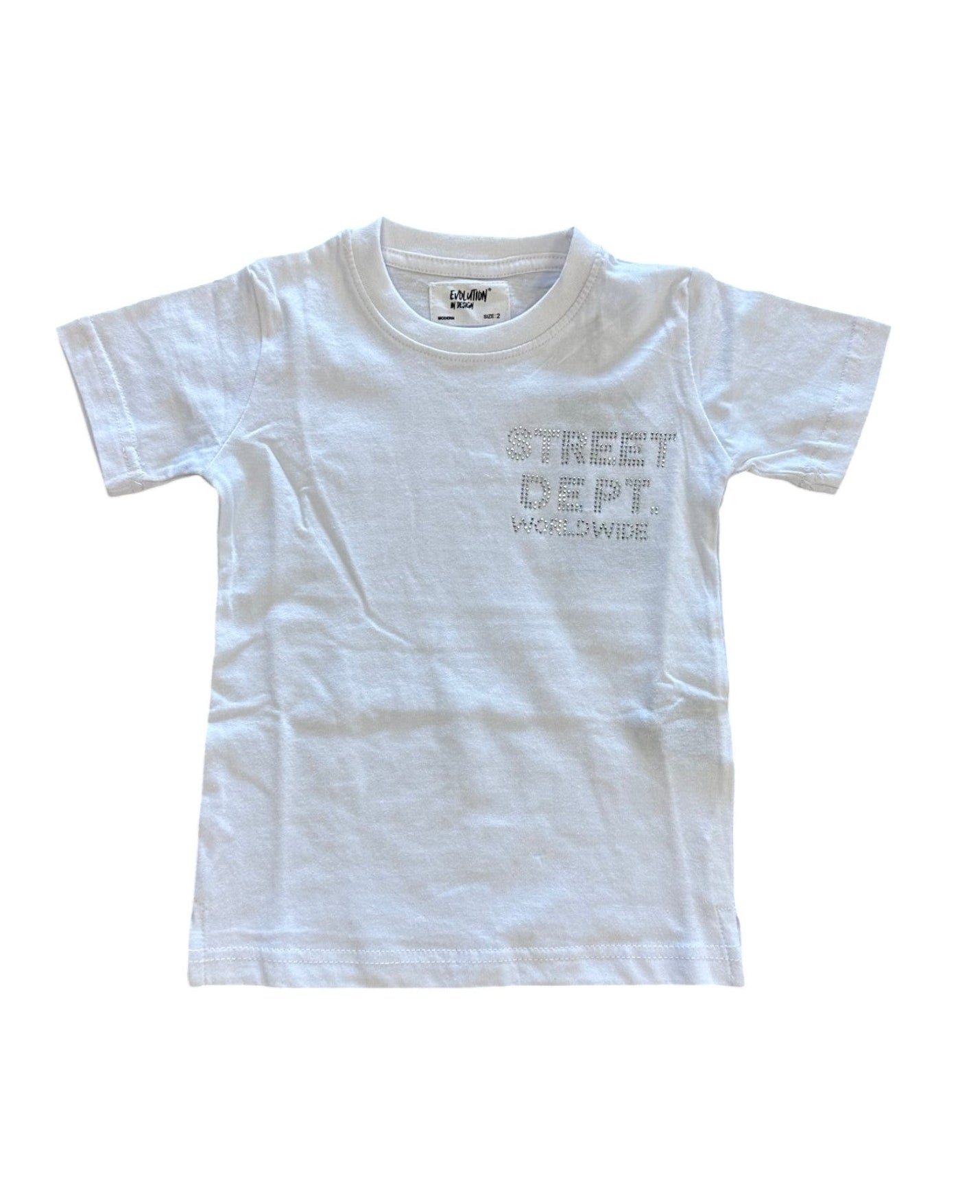 White t-shirt with 'Street Dept' text on a white background