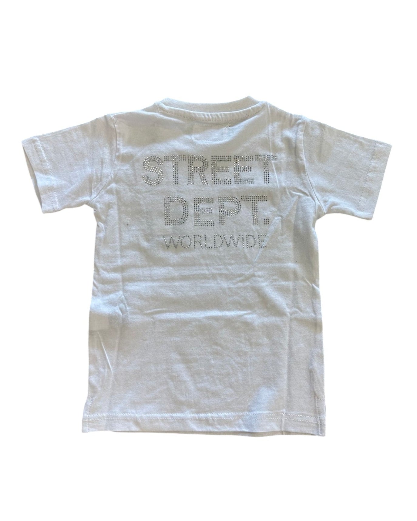 White t-shirt with text on the back on a white background