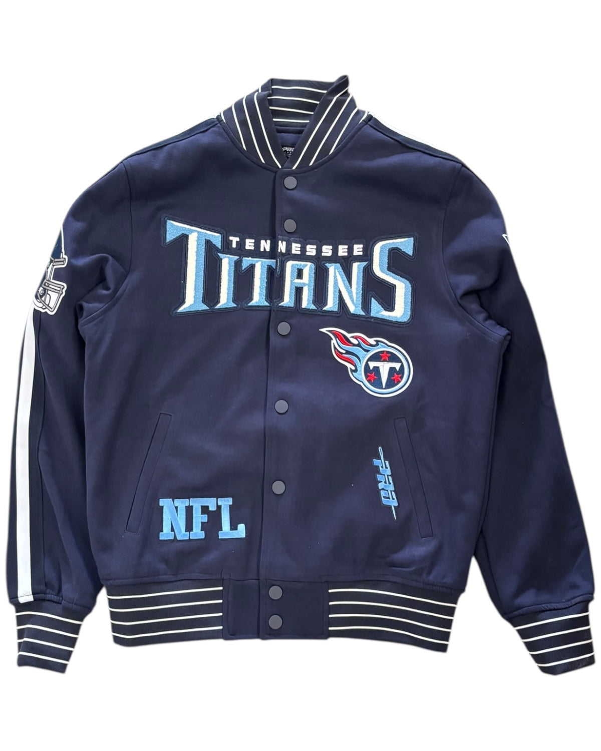 Navy blue jacket with 'Tennessee Titans' and NFL logos on a white background