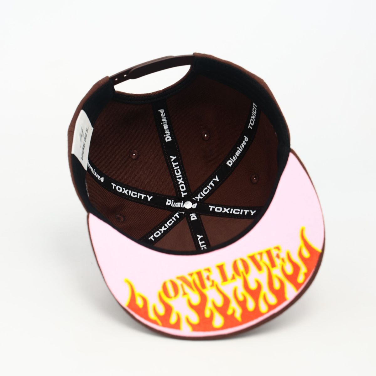Cap with flame design and 'TOXICITY' branding on a white background