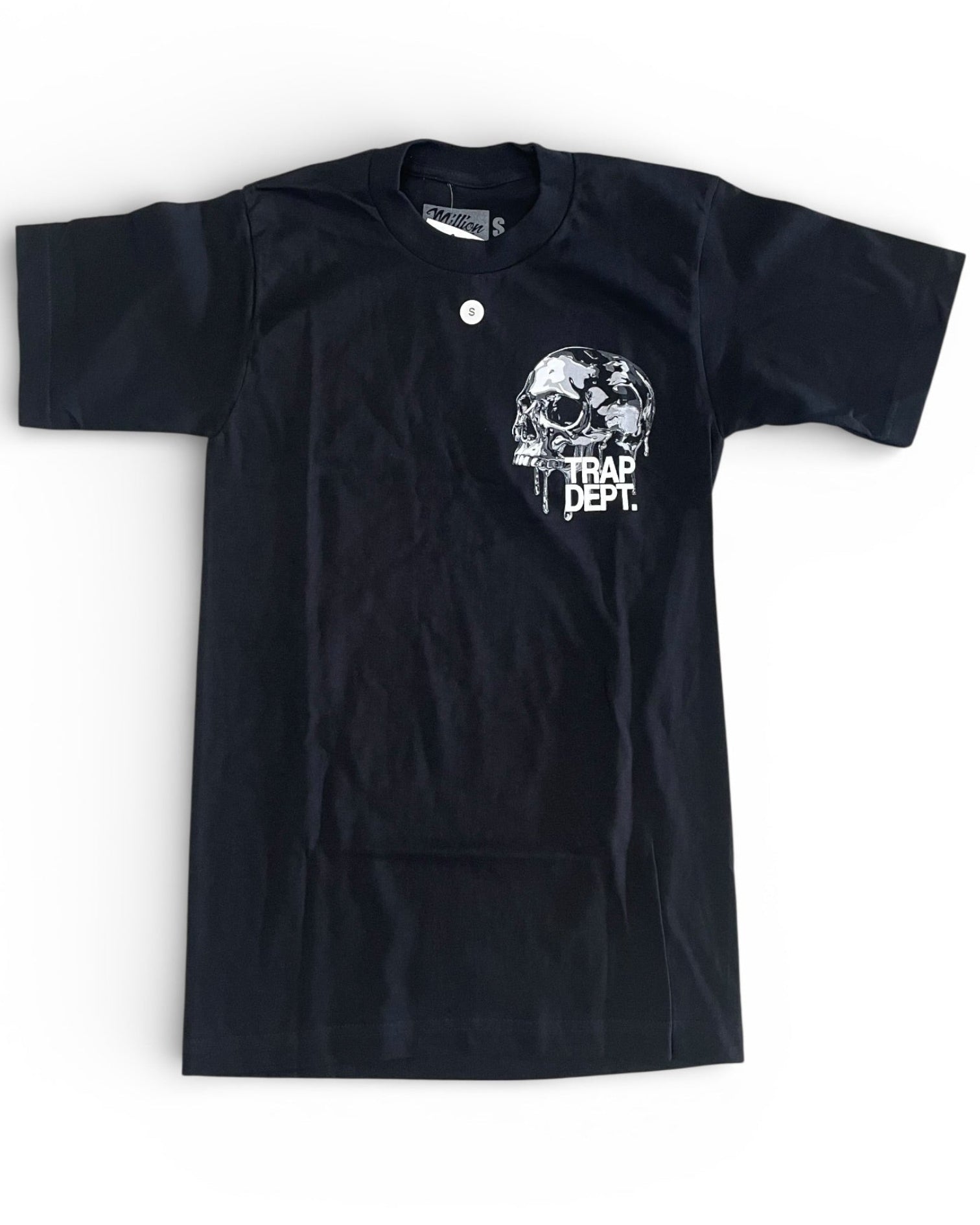 Black t-shirt with a white graphic design on a white background