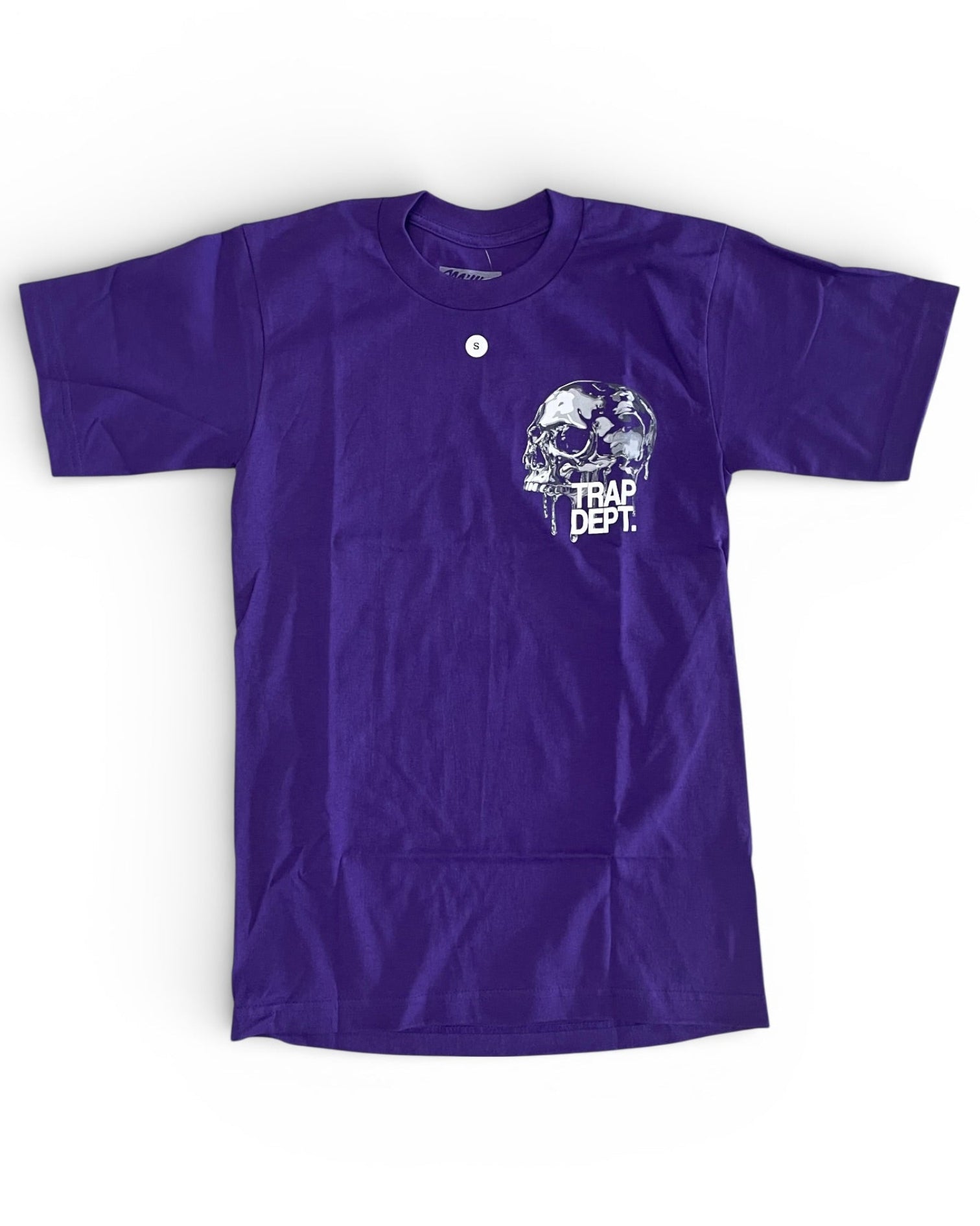 Purple t-shirt with graphic design and text on a white background