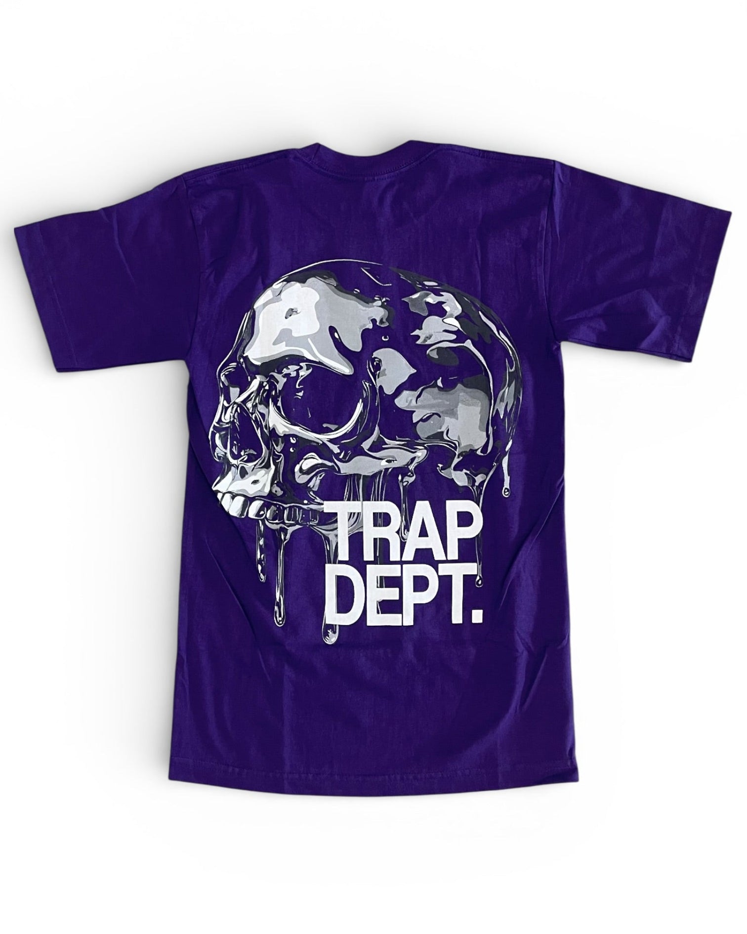 Purple t-shirt with a skull design and 'TRAP DEPT.' text on a white background