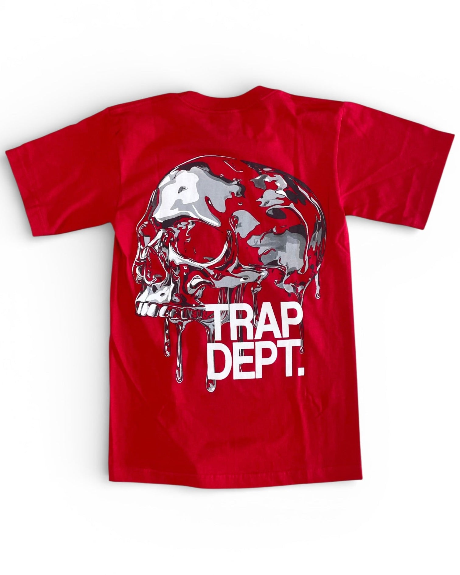Red t-shirt with a graphic design and 'TRAP DEPT.' text on a white background