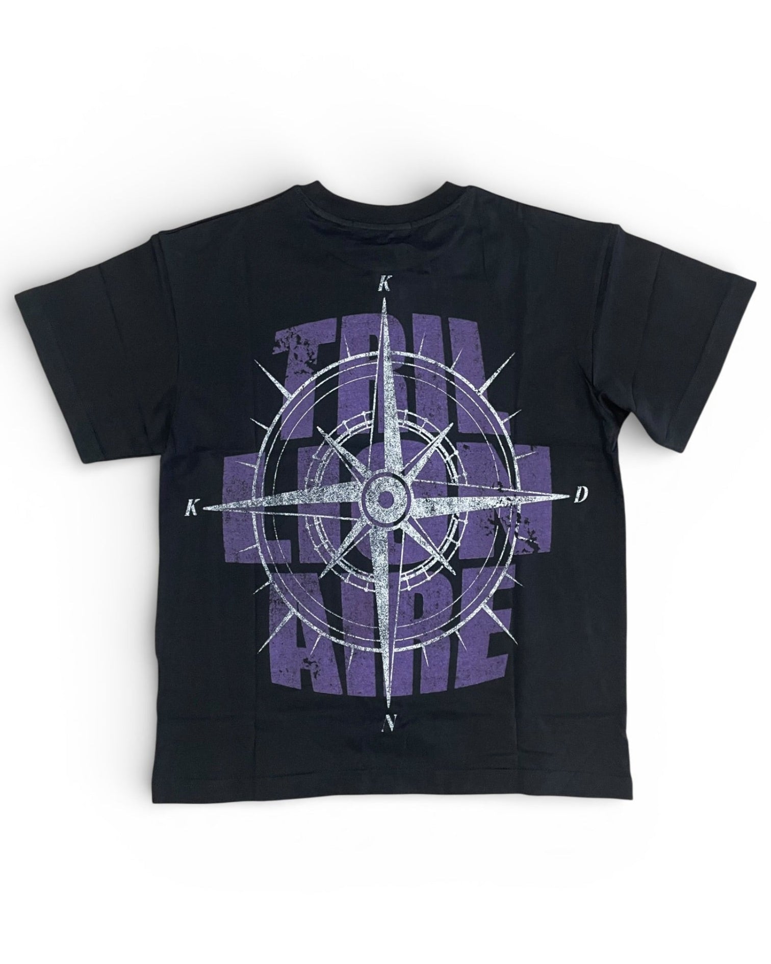 Black t-shirt with purple compass design and text on a white background