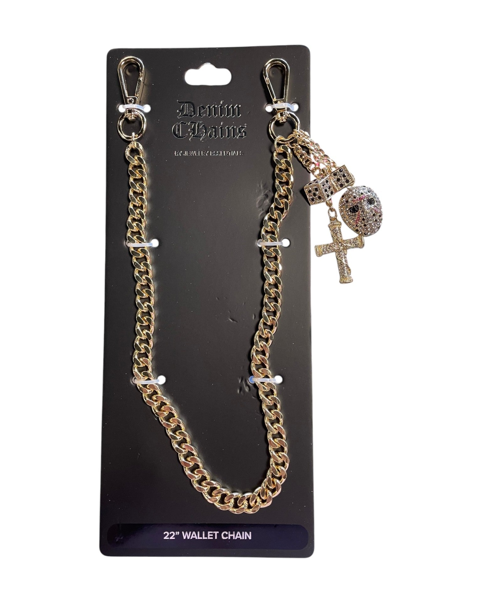 Gold chain wallet strap with charms on a Denim & Leather packaging
