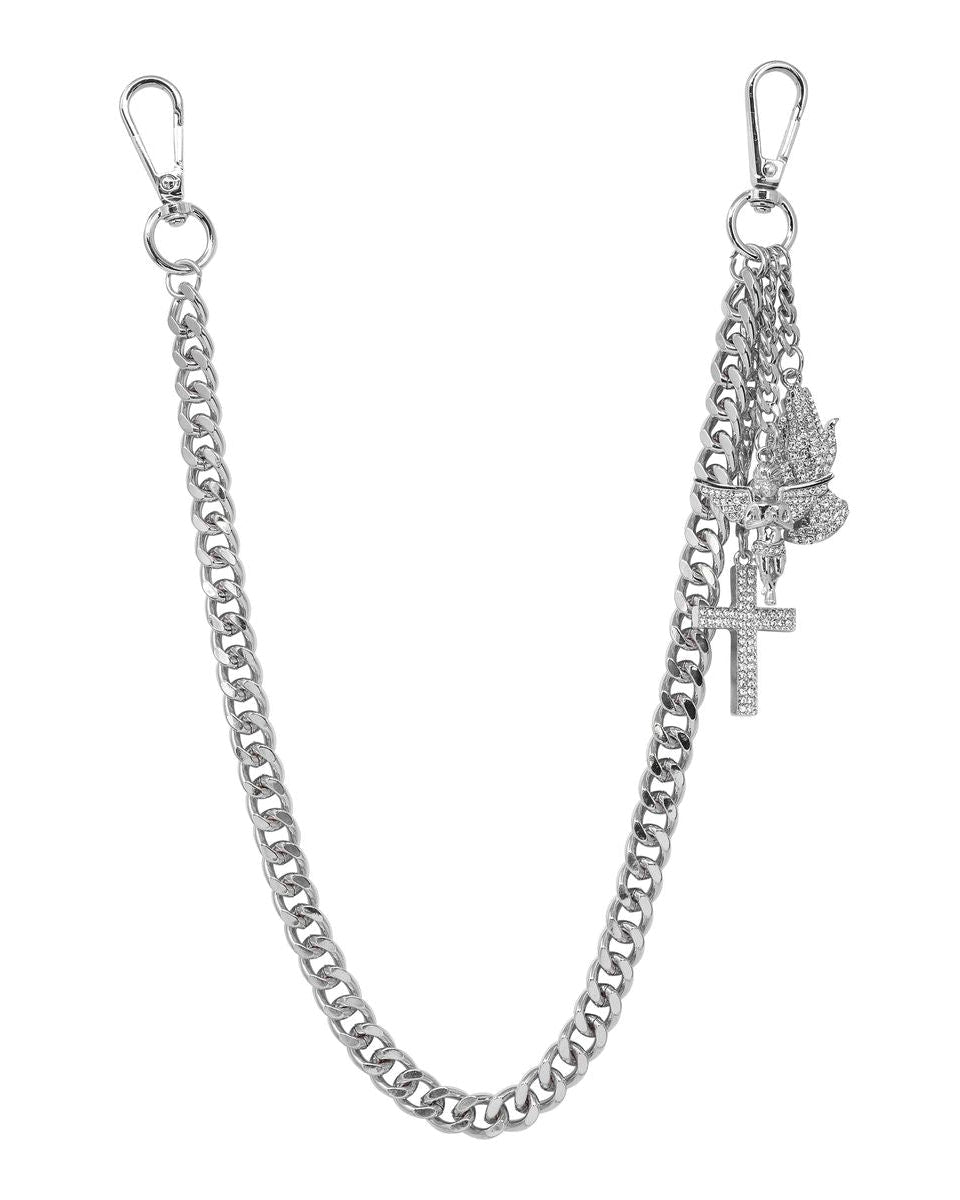 Silver chain with a cross pendant on a white background