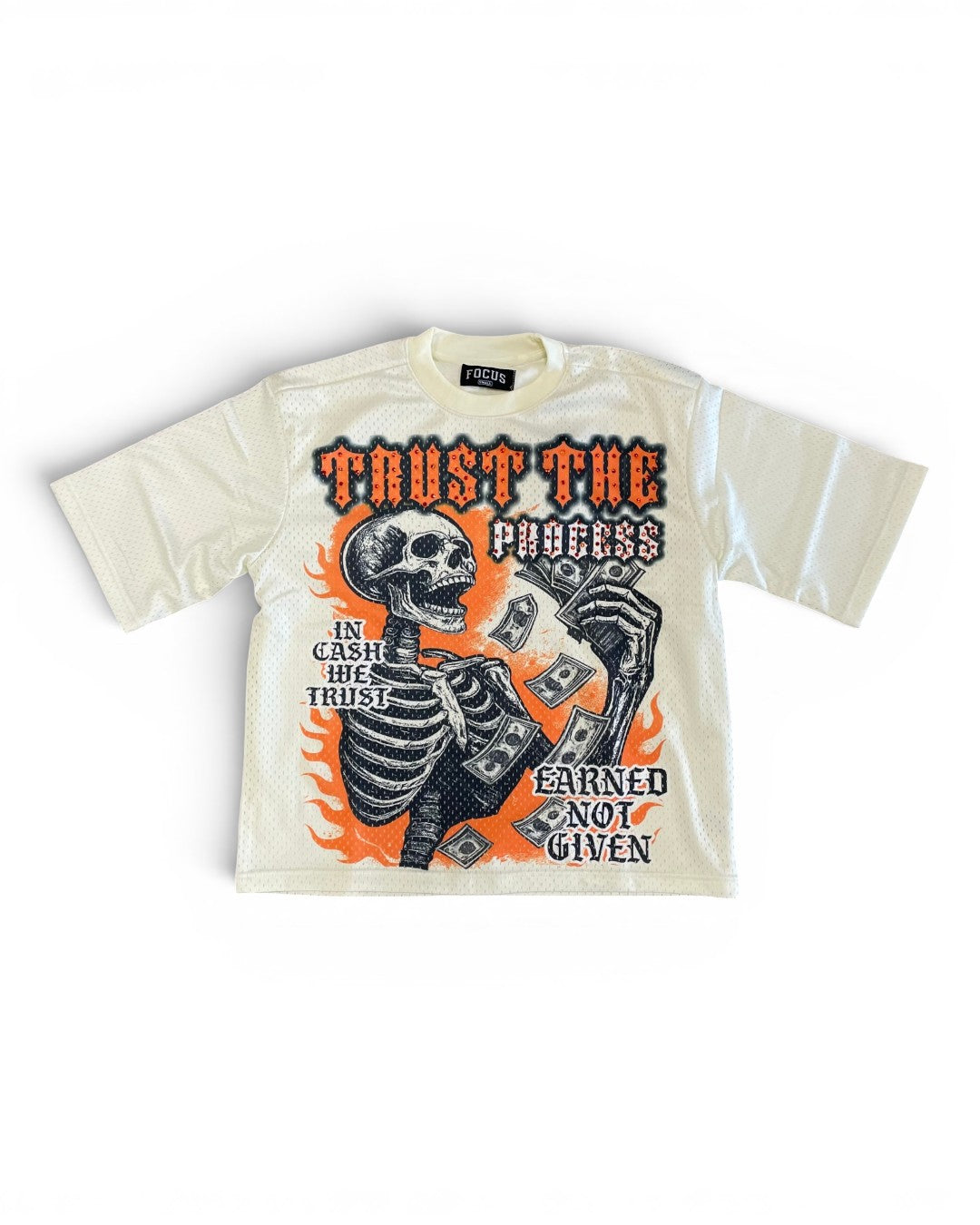 Beige t-shirt with a skeleton graphic and text on a white background