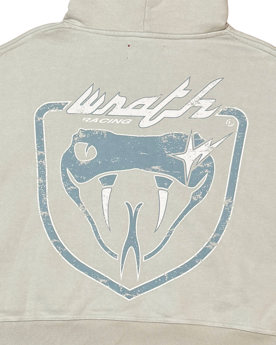 Beige hoodie with a logo on the back